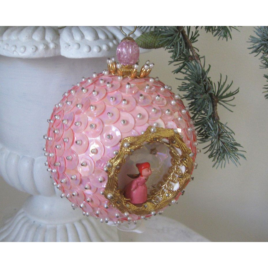 Pink Sequin Christmas Ornament with Indent Scene