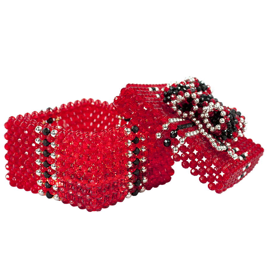Red Beaded Box with Red and Black Bow for Decorating an Entryway or Console
