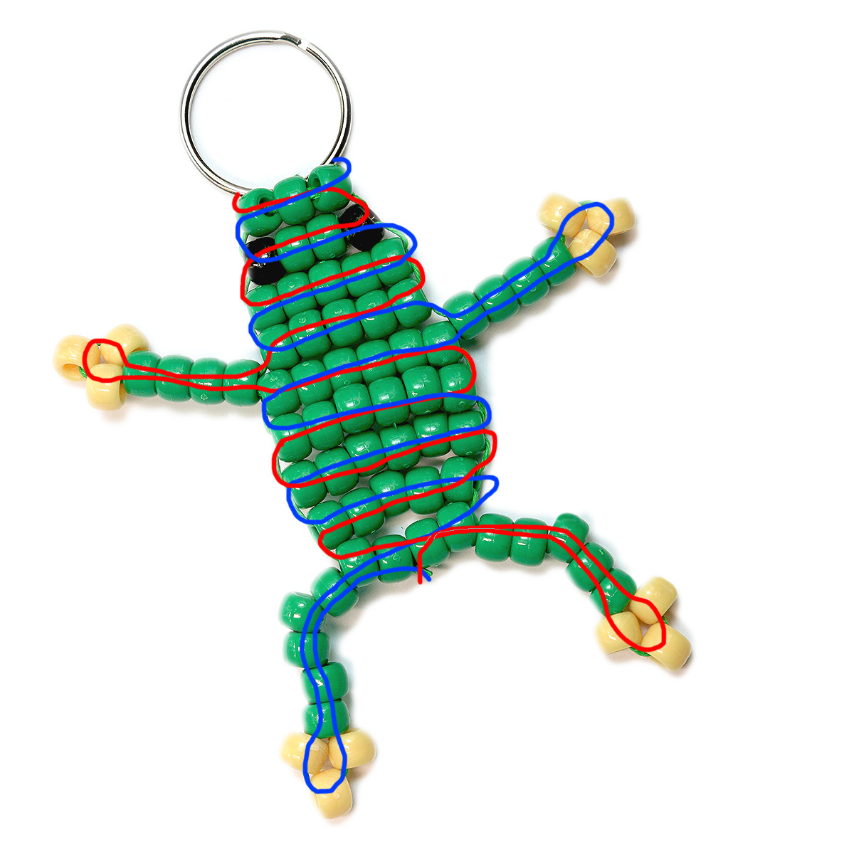 Cord weaving pattern for beaded frog keychain.