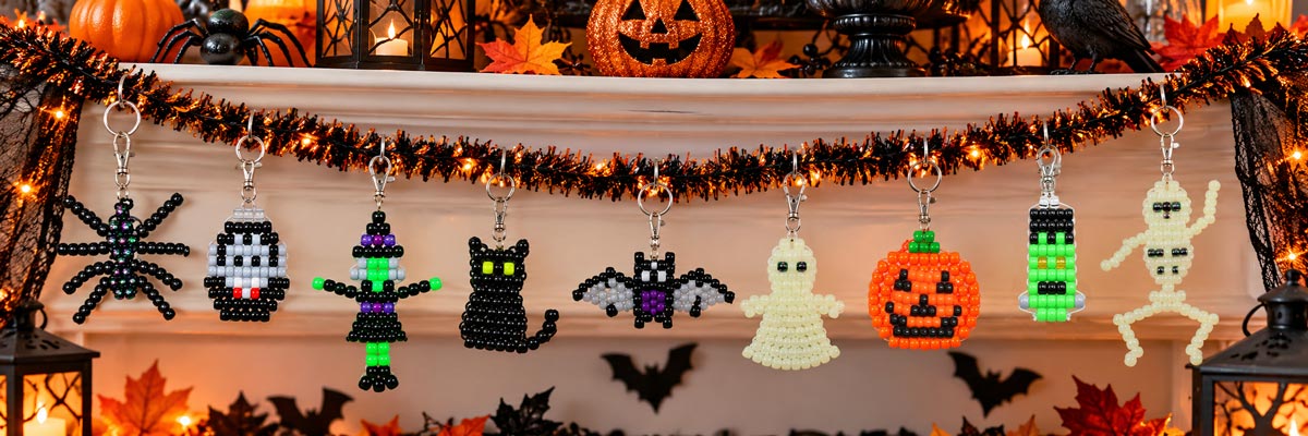 Halloween garland decorating idea made with colorful pony bead characters