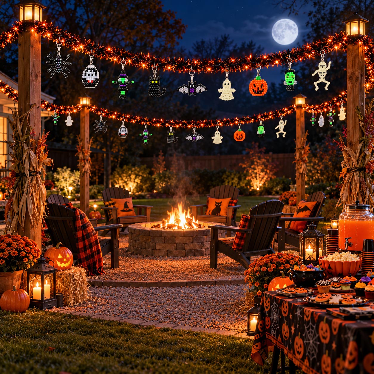 Halloween garland decorating idea made with colorful pony bead characters