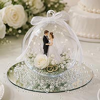 Personalized wedding fillable ornament featuring the couple's names, wedding rings, and elegant wedding décor accents.
