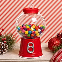 Christmas bubble gum machine fillable ornament featuring colorful candies for whimsical holiday decorating ideas.