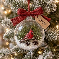 Personalized cardinal Christmas ornament featuring winter greenery and a 2024 keepsake tag for holiday decorating.