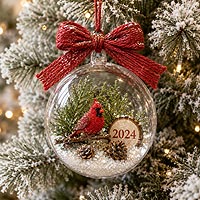 Cardinal fillable ornament craft featuring snow, evergreen branches, and personalized Christmas decorations.