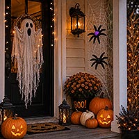 Small image of Halloween spiders made of bump chenille, pipe cleaners and pom poms hanging from a spider web on a Halloween decorated porch with a ghost wreath on the door and lit pumpkins on the floor.