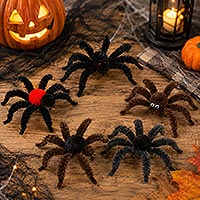 Small image of an assortment of bump chenille spiders arranged on a table.
