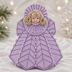 Purple Plastic canvas decorated with pearls. Front View.