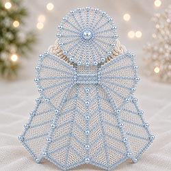 Blue Plastic canvas Angel decorated with pearls. Back View.