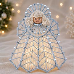 Blue Plastic canvas Angel decorated with pearls with soft lights under her skirt for a beautiful display.