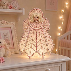 Pink trimmed Plastic canvas angel decorated with pearls with lights under her skirt used as a night light, sitting on a dresser in a baby's room